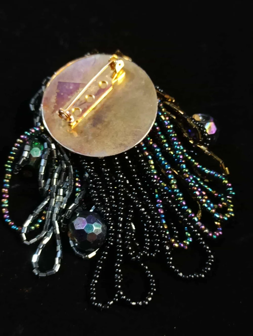 Vintage Black Glass Beaded Fringe Brooch Iridescent Crystal Dangle Statement